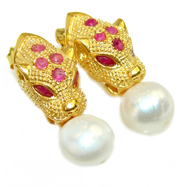 Golden Panthers Pearl Ruby.925 Sterling Silver handmade earrings