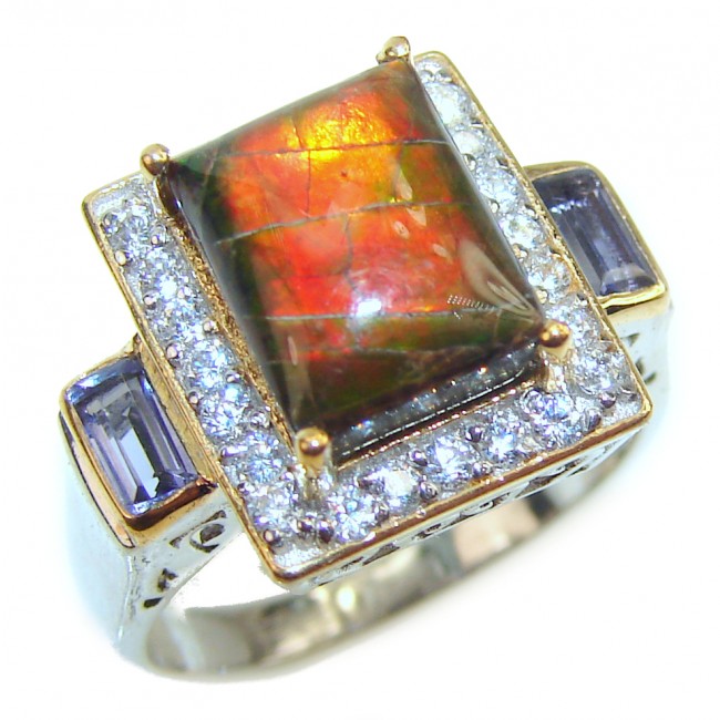 Outstanding Genuine Canadian Ammolite 18K Gold over .925 Sterling Silver handmade ring size 7 1/4