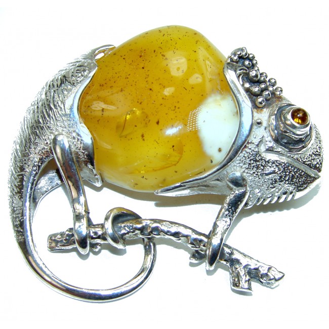Spectacular Big Chameleon lizard Natural Baltic Amber .925 Sterling Silver handmade Pendant Brooch