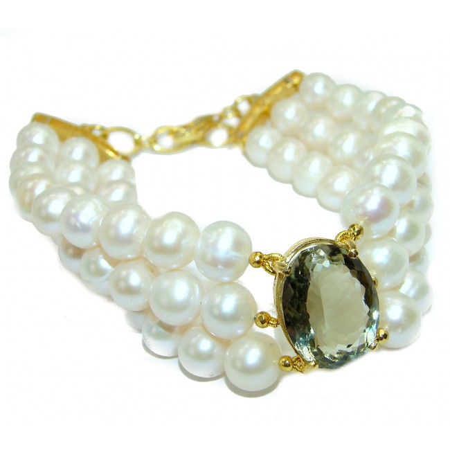 Vintage Beauty Green Amethyst Pearl 14K Gold over .925 Silver handmade Bracelet