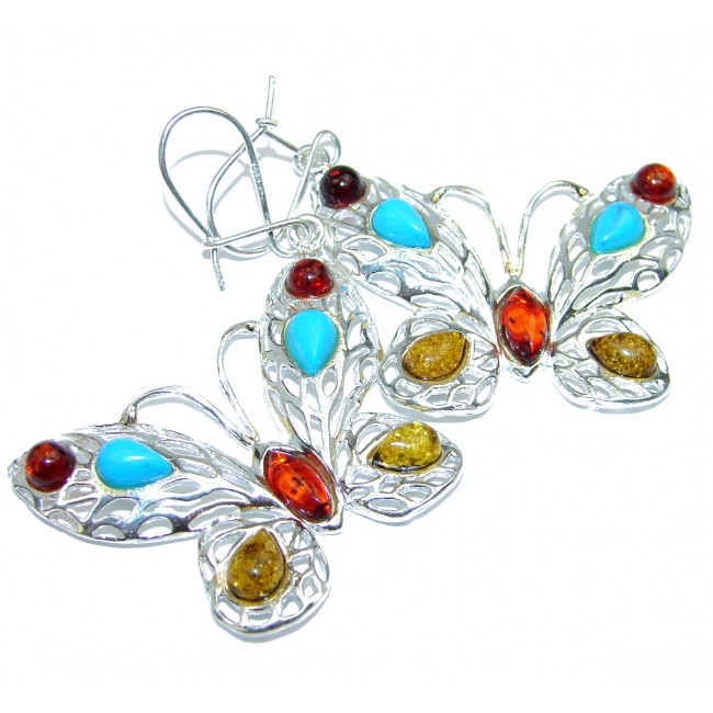 Mesmerizing Butterflies Amber Turquoise .925 Sterling Silver handmade earrings