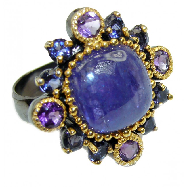 Blue Flower Authentic Tanzanite black rhodium over .925 Sterling Silver handmade Ring s. 9