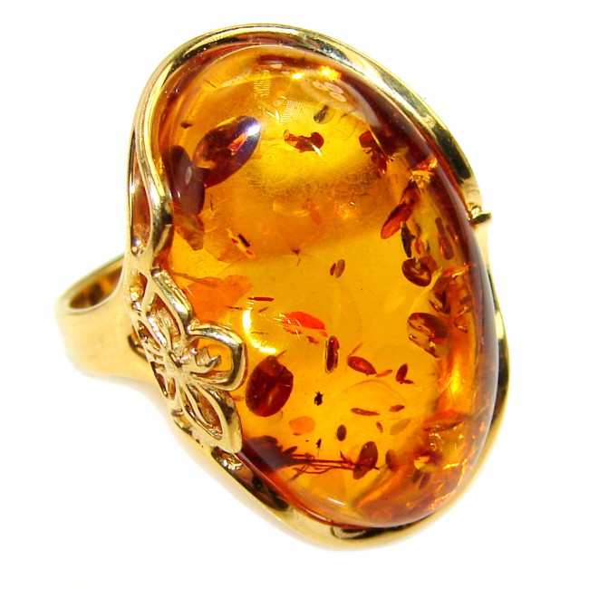 Authentic rare Butterscotch Baltic Amber 14K Gold over .925 Sterling Silver handcrafted ring; s. 6 adjustable