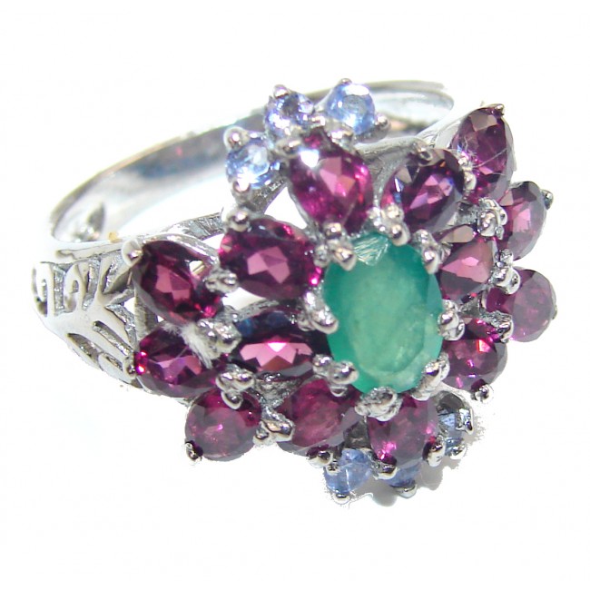 Victorian Style Emerald 2 tones .925 Sterling Silver ring; s. 8