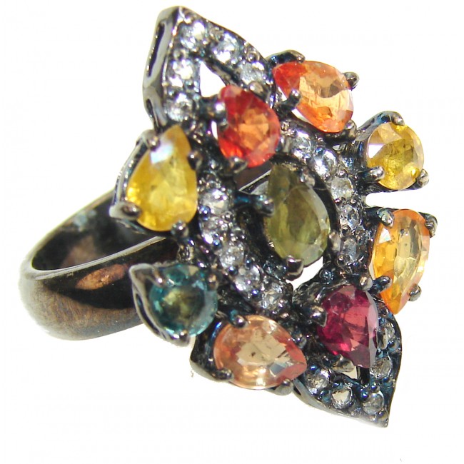 Multicolor Sapphire .925 Sterling Silver handcrafted Statement Ring size 8 1/4