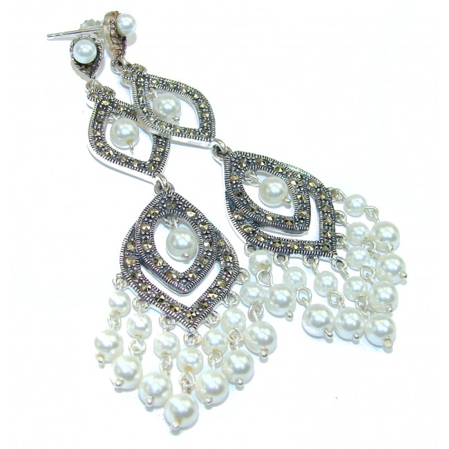 Exotic Beauty Pearl Marcasite .925 Sterling Silver handcrafted Earrings