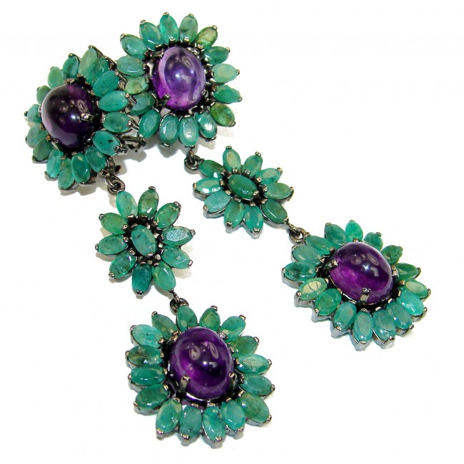 DIVINE PASSION authentic Amethyst Emerald black rhodium over over .925 Sterling Silver Earrings