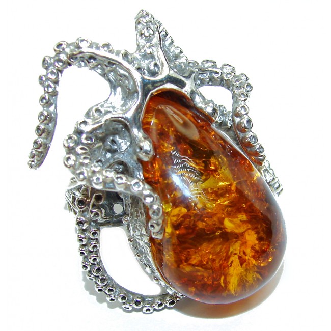 Huge Octopus Authentic rare Baltic Amber .925 Sterling Silver handcrafted ring; s. 8 adjustable