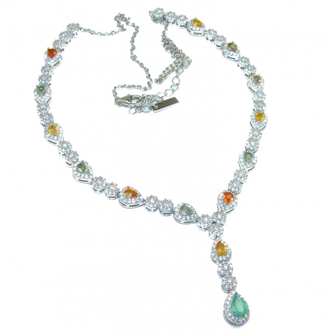 Magnificent Jewel authentic multicolor Sapphire 14K white Gold over .925 Sterling Silver handcrafted necklace