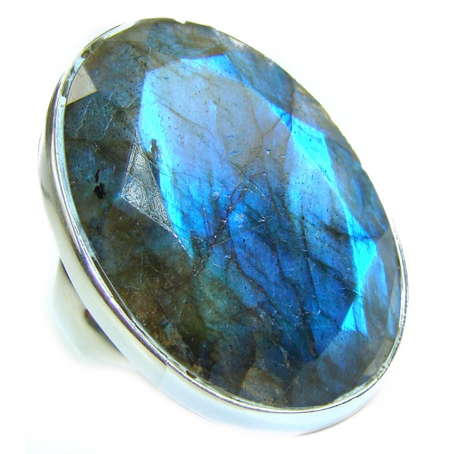 Precious 16.5 carat faceted shimmering Labradorite .925 Sterling Silver handcrafted ring size 6 adjustable