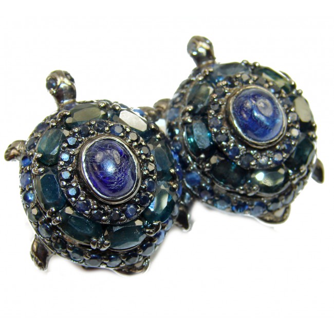 Good health and Long life Turtle Genuine Sapphire black rhodium over .925 Sterling Silver handmade earrings