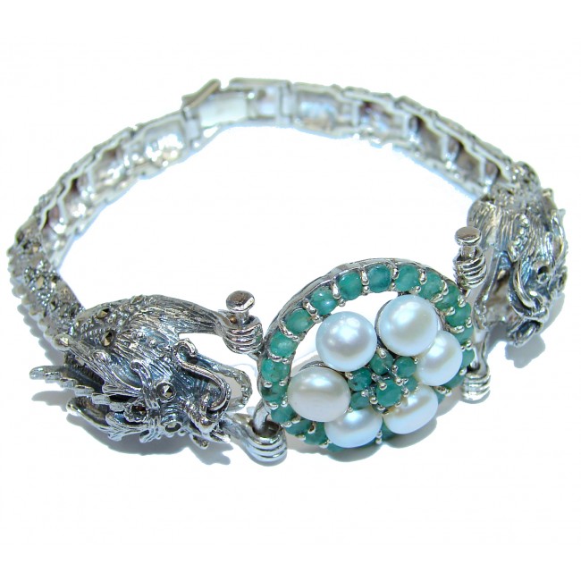 Precious Two Dragons Emerald .925 Sterling Silver handcrafted Bracelet