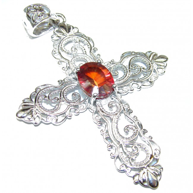 Holy Cross genuine Red Topaz .925 Sterling Silver handmade pendant