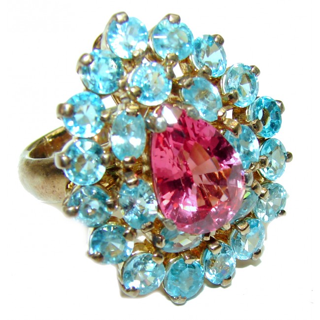 Huge Pear cut Sweet Pink Topaz 14K Gold over .925 Silver handcrafted Ring s. 7 1/2