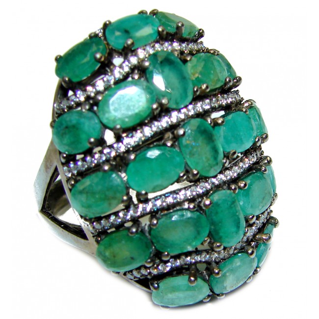 Spectacular Natural Emerald black rhodium over .925 Sterling Silver handmade Statement ring s. 9