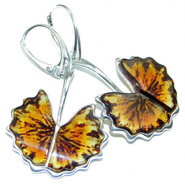 Golden Butterflies Genuine carved Baltic Amber Swans .925 Sterling Silver Earrings