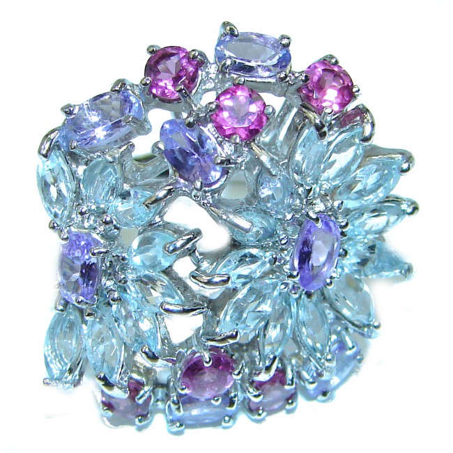 Bouquet of Flowers Authentic Aquamarine Tanzanite .925 Sterling Silver handmade Ring s. 8