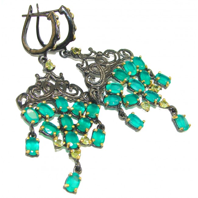 Very Unique Emerald black rhodium over .925 Sterling Silver handcrafted chandelier earrings
