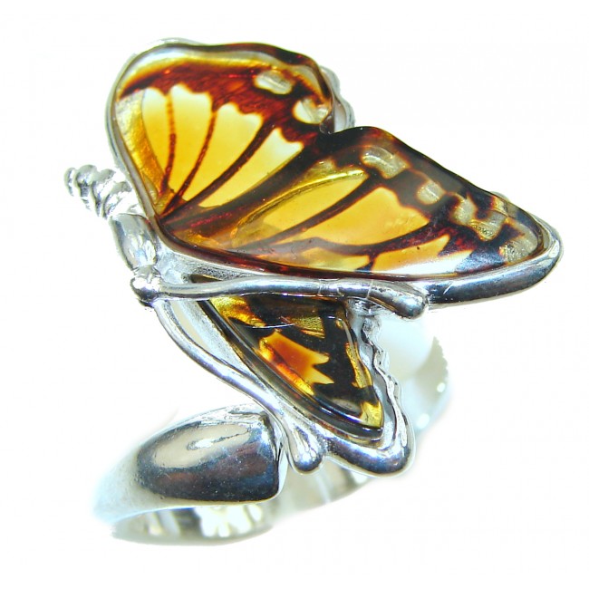 Beautiful Large Authentic carved Butterfly Baltic Amber .925 Sterling Silver handcrafted ring; s. 7