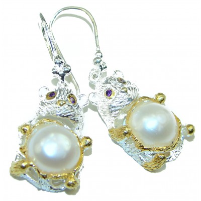 Cute Chipmunks Pearl .925 Sterling Silver handmade earrings