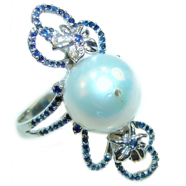 Victorian Style Pearl Sapphire .925 Sterling Silver handcrafted Ring s. 8