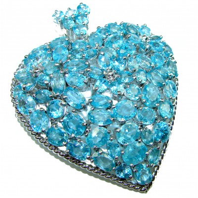 Large Blue Heart genuine Swiss Blue Topaz .925 Sterling Silver handmade LARGE Pendant - Brooch