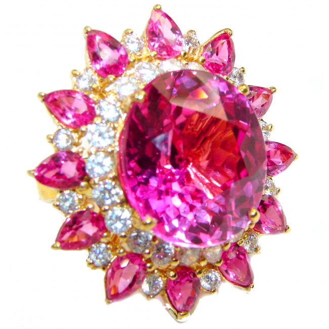 Pink Dream 29.5 carat Pink Topaz 14K Gold over .925 Silver handcrafted Huge Cocktail Ring s. 8 1/4