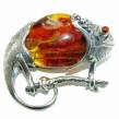 Spectacular Big Chameleon lizard  Natural Baltic Amber .925 Sterling Silver handmade Pendant Brooch