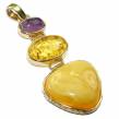 Prehistoric  authentic Baltic Amber Amethyst 14K Gold over .925 Sterling Silver handcrafted pendant