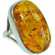 Authentic Huge  Baltic Amber .925 Sterling Silver handcrafted  ring; s. 9