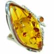 Authentic Huge  Baltic Amber .925 Sterling Silver handcrafted  ring; s. 6 adjustable