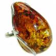 Authentic HUGE Baltic Amber .925 Sterling Silver handcrafted  ring; s. 8