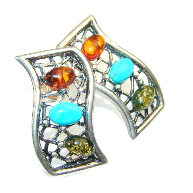 Beautiful Multicolor Polish Amber & Turquoise Sterling Silver earrings