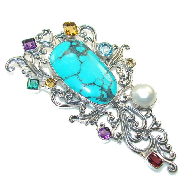 Huge!! Classy Blue Turquoise Sterling Silver Pendant / Brooch