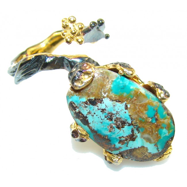 Stylish Blue Copper Turquoise, Rhodium Plated, 18ct Gold Plated Sterling Silver Ring s. 6
