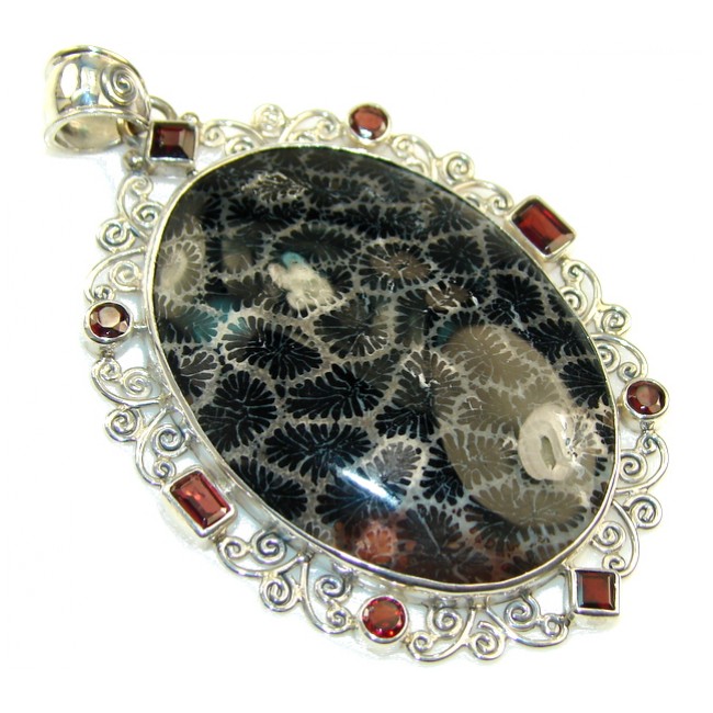 Excellent Black Fossilized Coral Sterling Silver pendant