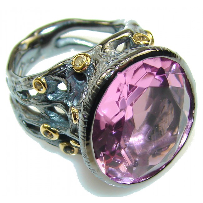 Italian Design Pink Topaz, 18ct Gold Plated, Black Rodium Plated Sterling Silver ring; size. 6 1/2
