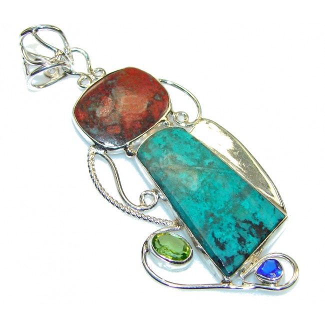 Simple! Green & Orange Turquoise Sterling Silver Pendant