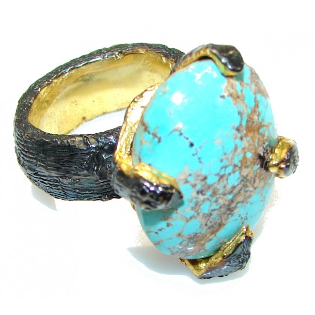 Vintage Design!! Gold Plated, Rhodium Plated Italy Made Turquoise Sterling Silver Ring s. 5