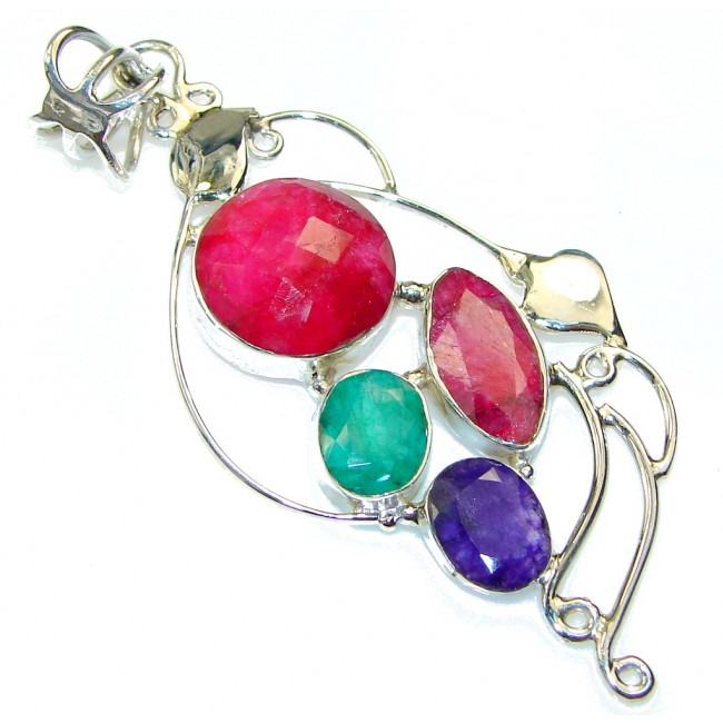Natural!! Pink Ruby, Emerald, Sapphire Sterling Silver Pendant