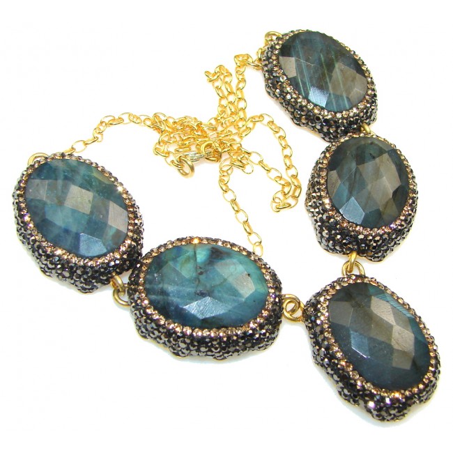 Beautiful!! Natural Blue Fire Labradorite, Gold Plated Sterling Silver necklace
