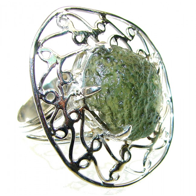 Stylish!! Green Moldavite Sterling Silver Ring s. 10