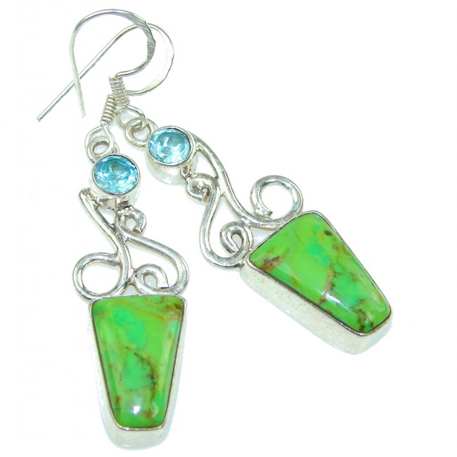Fresh Green Turquoise, Swiss Blue Topaz Sterling Silver earrings