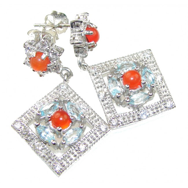 Bali Secret! Orange Carnelian, White Topaz, Swiss Blue Topaz Sterling Silver earrings