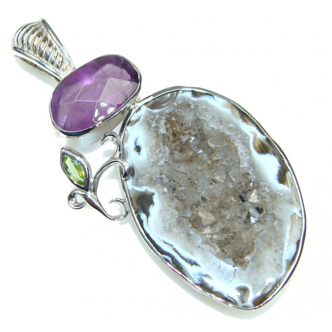 Big! Chunky New Style! Gray Geo Druzy Sterling Silver Pendant