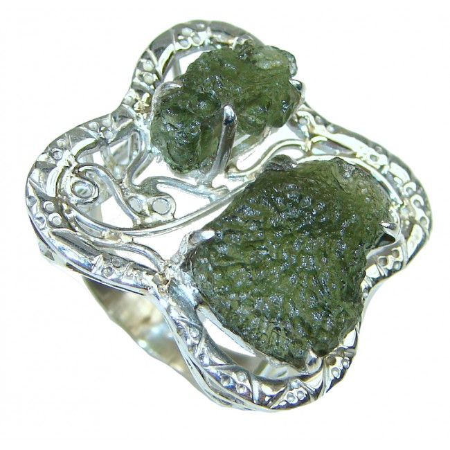 Large! Stylish Green Moldavite Sterling Silver Ring s. 10