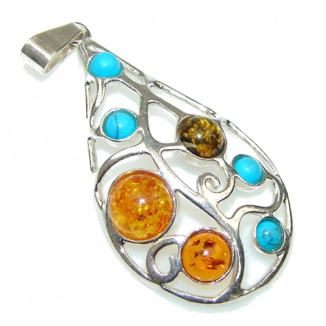 Just Perfect! Baltic Polish Amber & Turquoise Sterling Silver Pendant