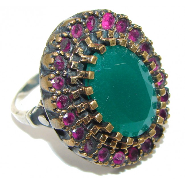 Victorian Style! Green Emerald & Ruby Sterling Silver ring s. 7 1/4