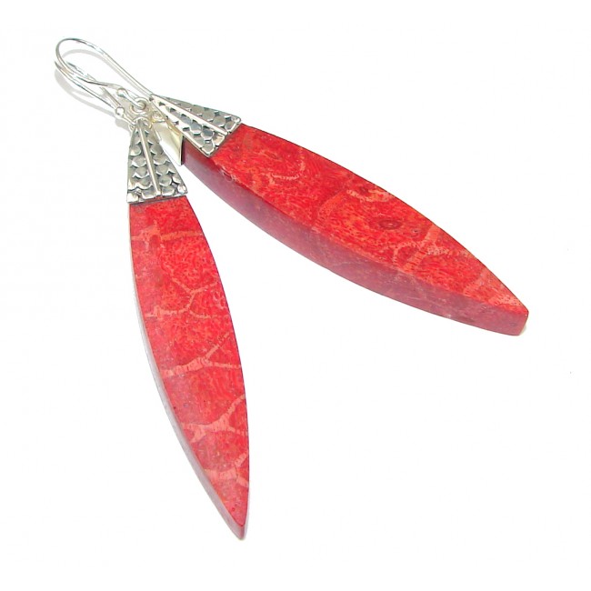 Large!! Red Fossilized Coral Sterling Silver earrings / Long