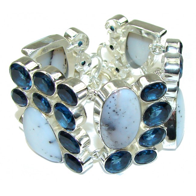 Beautiful! White Dendritic Agate & London Blue Topaz Sterling Silver Bracelet